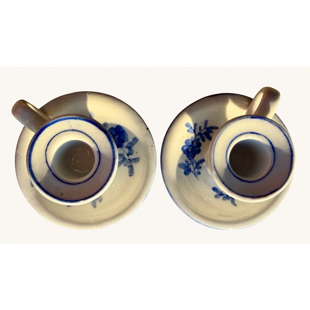 Vintage Blue and White Chamberstick Candle Holder Set Hand Painted Florals